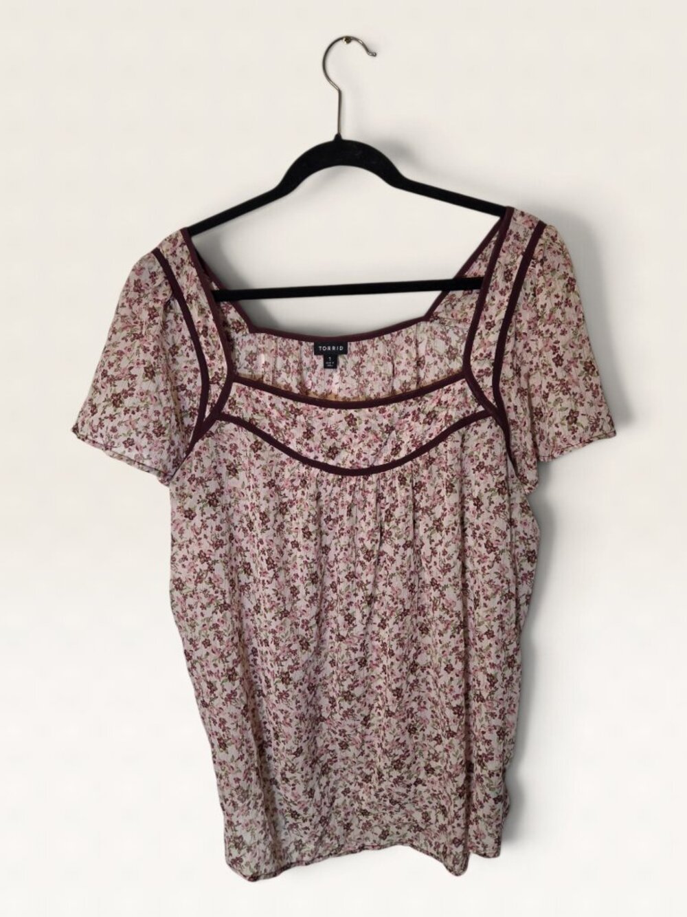 Torrid Pink Floral Sheer Metallic Stripe Square Neck Top Size 1X 1